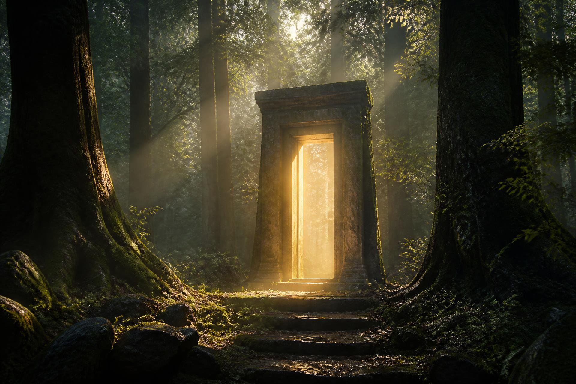 Soglia di luce in una foresta antica dei Carpazi